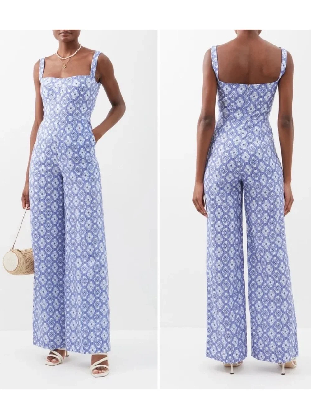 Saloni Rachel Jumpsuit Blue White Floral Lace Print Linen Size 6 Wide Leg‎ Chic
